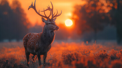 Wildlife illustration. A majestic deer with proudly towering antlers stands calmly and regal in the mystical unusual forest., through which sunlight only occasionally penetrates. Rare.