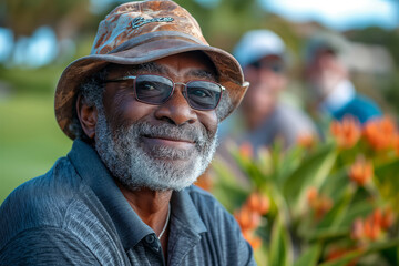 Close up portrait of 60 years old happy men in golf club