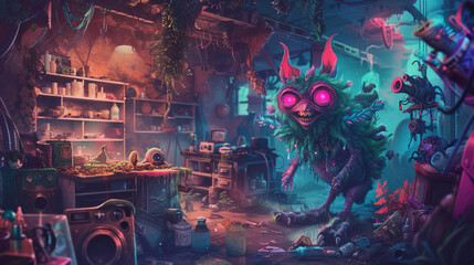 A captivating background depicting a harmonious coexistence between a magical creature and a sprawling junkyard
