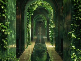 A captivating background image depicting a corridor completely enveloped by luxurious greenery and accented with metallic touches