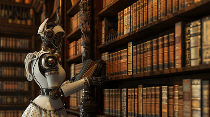 A meticulously detailed 3D render capturing a Victorian maid robot dusting a collection of antique books in a cozy library