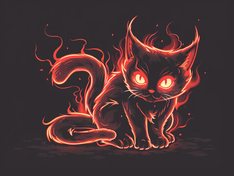 A mesmerizing illustration featuring a mischievous devil cat with glowing eyes