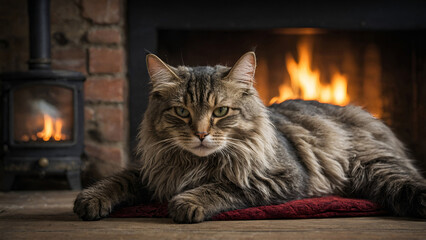 Cat by the fireplace