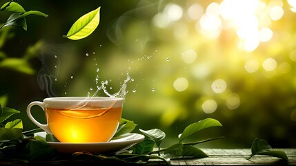 Serene morning tea time, sunlight filtering through leaves, steaming cup of tea on nature backdrop. refreshing beverage outdoors. AI