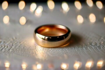 Wedding rings positioned delicately on a blurred wedding arch, creating a romantic setting