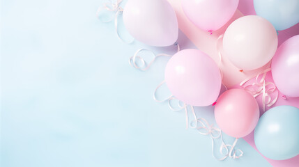 Urodzinowe minimalistyczne błękitne tło na życzenia lub metryczkę z balonami i dekoracjami - narodziny dziecka - dziewczynki lub chłopca.  - obrazy, fototapety, plakaty