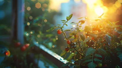 Cherry Tomato Plants on a Balcony Garden at Sunset
