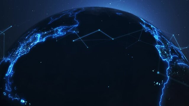 Global communication lines, data exchange, digital world connection. Planet at night with nodal links. Beautiful rotating Earth with a digitized network. Links between cities. Information exchange 4k.