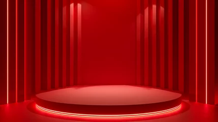 Tuinposter Red background podium product stage studio 3d light display abstract stand award luxury. Podium platform room red background base wall pedestal scene show presentation shadow modern circle gold round  © oldwar