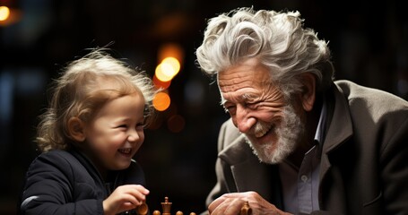Grandfather  Engaged in a Game of Chess With Granddaughter Generative AI - obrazy, fototapety, plakaty