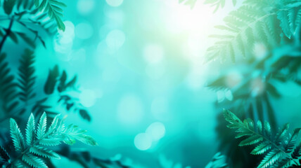 Fototapeta na wymiar Beautiful background with fresh emerald green fern foliage in spring summer sunlight and defocused bokeh.
