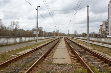 Fototapeta premium City landscape with railroad. Empty Railroad Track