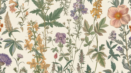 Seamless pattern background featuring a collection of vintage botanical illustrations with flowers and leaves in muted colors
