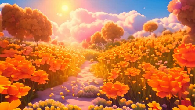 Vibrant field of flowers with the sun shining in the background.