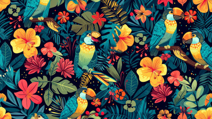 Seamless pattern background influenced by the organic forms and vibrant colors of tropical rainforests with colourful birds and flowers
 - obrazy, fototapety, plakaty