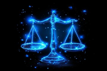 Glowing libra zodiac sign in blue on black background, vector style illustration