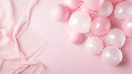 Urodzinowe minimalistyczne różowe tło na życzenia  lub metryczkę z balonami i dekoracjami - narodziny dziecka - dziewczynki - obrazy, fototapety, plakaty