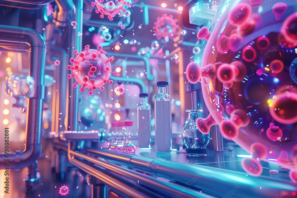 Poster a vibrant and dynamic background showcasing a doctors laboratory with viruses floating around in a m