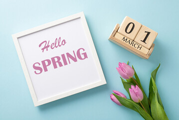 Welcome the day with a Hello Freshness display. Top view composition featuring a "Hello Spring" frame, wooden cubes calendar with 1st March date, vibrant tulips on a pastel blue background