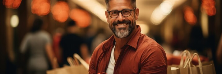 Senior Man in Red Shirt and Glasses Holding a Brown Bag Generative AI - obrazy, fototapety, plakaty
