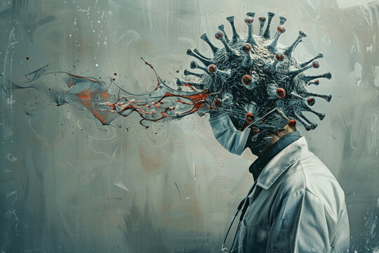 A unique and thought provoking illustration of a doctors head and a virus merging together conveying the intricate balance between health and illness in the medical field
