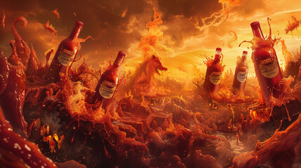 An infernal landscape with demons and flames where bottles of hot sauce rain down from the sky like hailstones