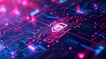 secure connection or cybersecurity service concept of compute motherboard closeup and safety lock with login and connecting verified credentials as wide banner design - obrazy, fototapety, plakaty