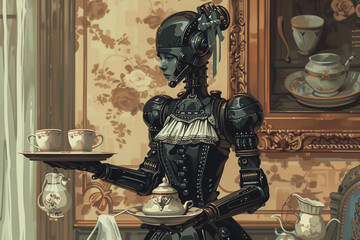 An intricate background illustration featuring a Victorian maid robot in a wealthy household carrying a tray full of delicate teacups