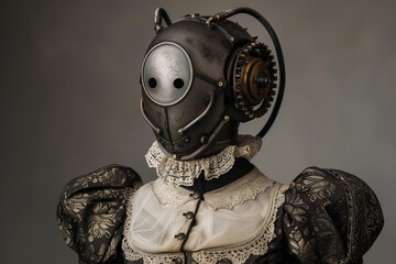 An innovative and distinctive portrayal of a Victorian maid robot with mechanical limbs and gears peeking through a Victorian era gown