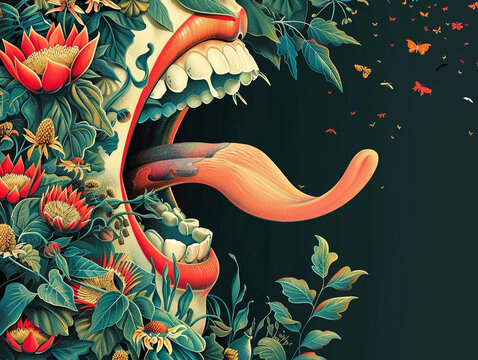 An exquisite illustration of a vibrant plant emerging from an open mouth