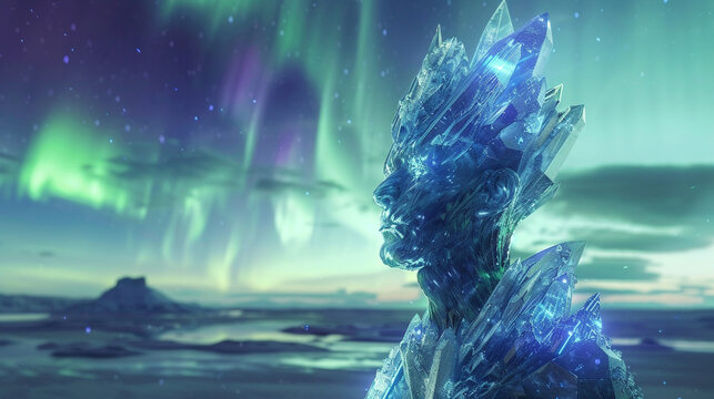 An otherworldly 3D render presenting a seamless fusion of human and crystal elements creating a majestic being against the backdrop of an aurora lit sky