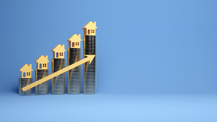 Real estate investment concept. Home, money and up arrow icon in blue background. Interest rate,...