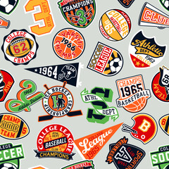 College athletic department sporting badges patchwork vintage vector seamless pattern for children kid wear fabric t shirt sweatshirt pajamas - 738083409