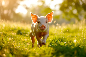 Happy pig running on a green meadow, ecological farming concept.