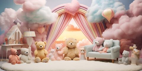 Charming Bedroom Decoration  Pink Teddy Bear Relaxing with Floating Balloons - obrazy, fototapety, plakaty