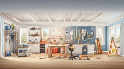 Home interior renovation with craftsman items and tools on the floor.
