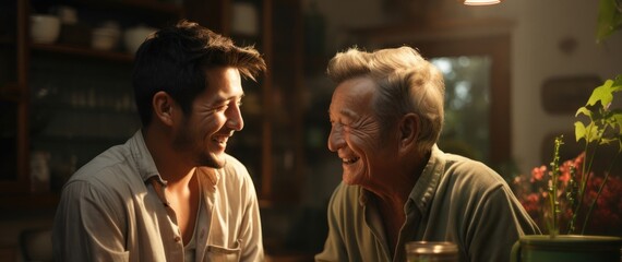 Fototapeta premium Senior and Personal Care Worker Sitting Together at a Table Generative AI