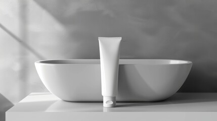 Mockup: White moisturizing face wash tube in bathroom room interior mock-up, beauty and care product packaging template, Free CopySpace