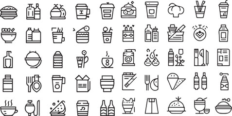 Set of 50 outline icons related to food and drink. Linear icon collection. Editable stroke. Vector illustration