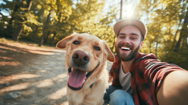 Selfie picture of a young happy man walking his dog in a park , smiling guy and pet having fun together outdoor , friendship and love between humans and animals 