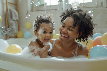 Afro-American mother bathing together with baby toddler. Cosy bathroom with natural light, mom and child playing with foam, happy and playful atmosphere. Hygiene for children, childcare. Daily routine
