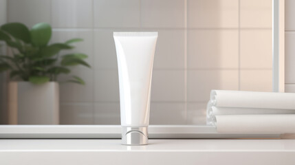 Fototapeta premium Mockup: White moisturizing face wash tube in bathroom room interior mock-up, beauty and care product packaging template, Free CopySpace