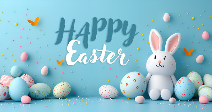 Happy easter holiday card with cute bunny and painted eggs on blue background