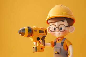 3D style cute cartoon character of a construction worker holding a large drill