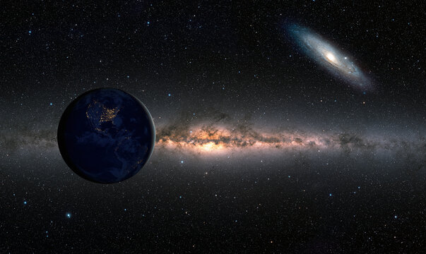 Planet Earth with Milky Way and Andromeda galaxy in the background - "Elements of this image furnished by NASA" 