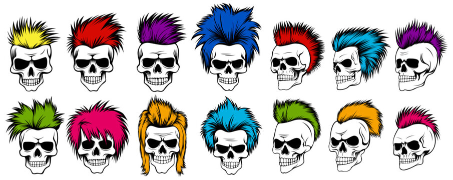 set collections skull head punk hair icon. rocker skull mohawk design vector illustration