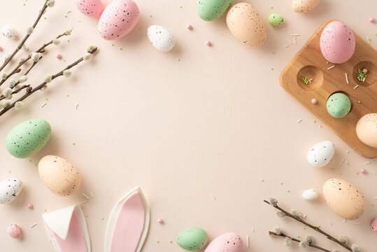Radiate Easter joy with this delightful composition. Top view of wooden holder for eggs, playful bunny ears, pussy-willow twigs and sprinkles on soft backdrop, creating perfect space for text or ad