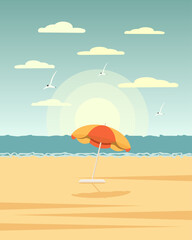 Fototapeta na wymiar Seascape, colorful parasol on the sea beach. Summer illustration, vector