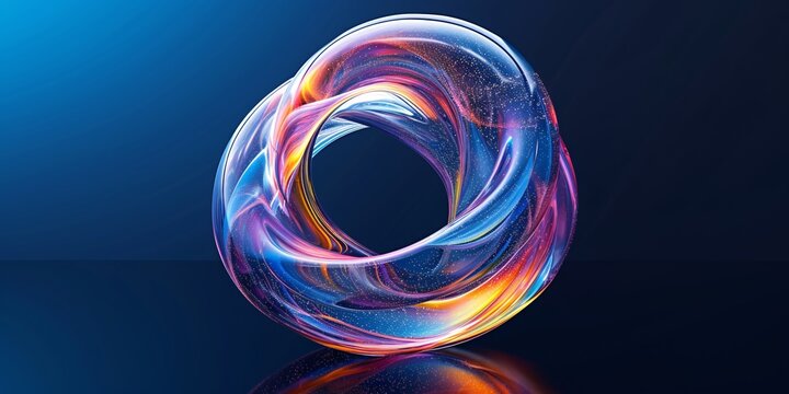 An abstract holographic fluid shape made of glass, with a soap bubble-like appearance and reflective qualities, isolated on a black background. 3d rendering.