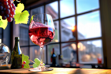 Glass of red wine with grapes on the background of the window.